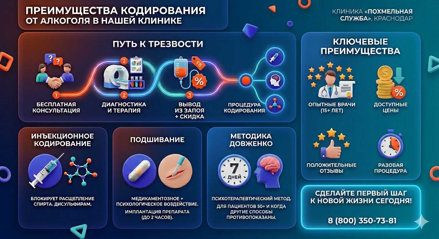 Инфографика о методах кодирования от алкоголя в Балакирево: инъекции, подшивание, метод Довженко. Преимущества клиники и этапы лечения.
